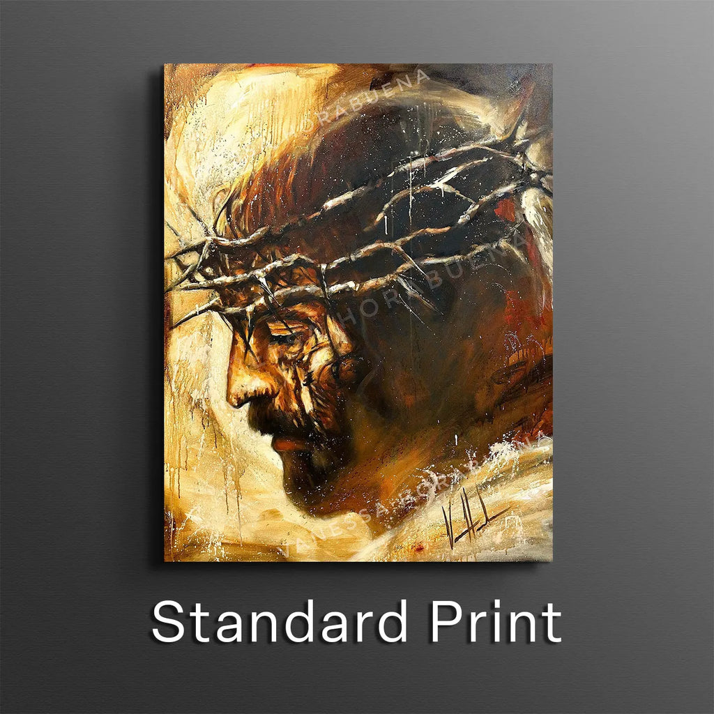 Square wall art print of a male face in sepia and dark tones with textured strokes