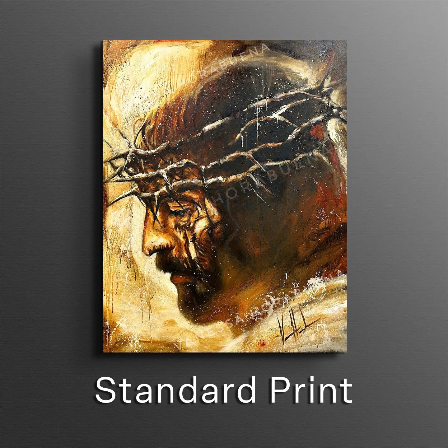 Square wall art print of a male face in sepia and dark tones with textured strokes