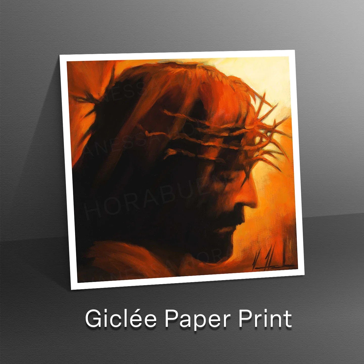 Giclée paper print with white border, red-orange warrior profile head artwork.