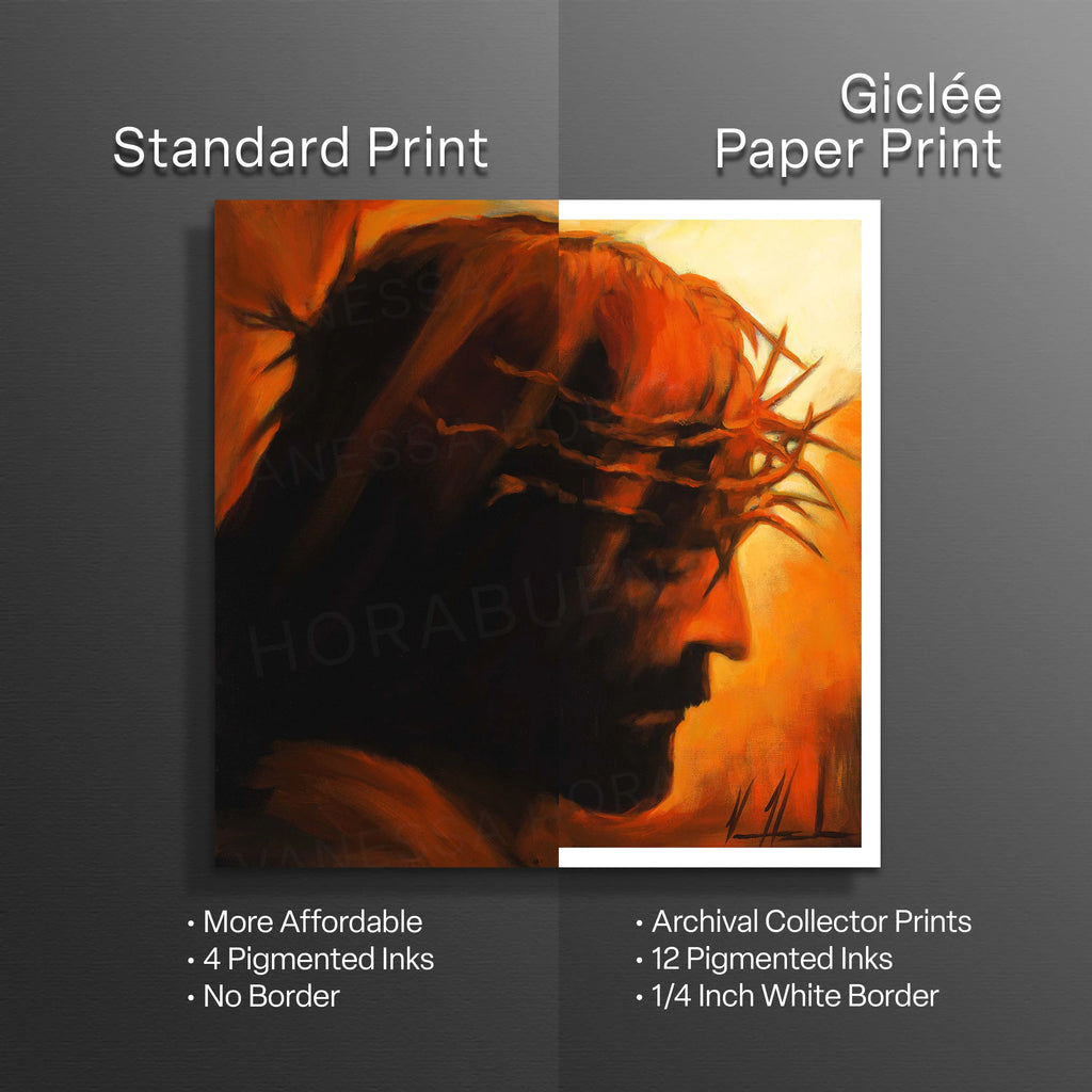 Split view of red-orange warrior profile print showing standard and giclée paper.