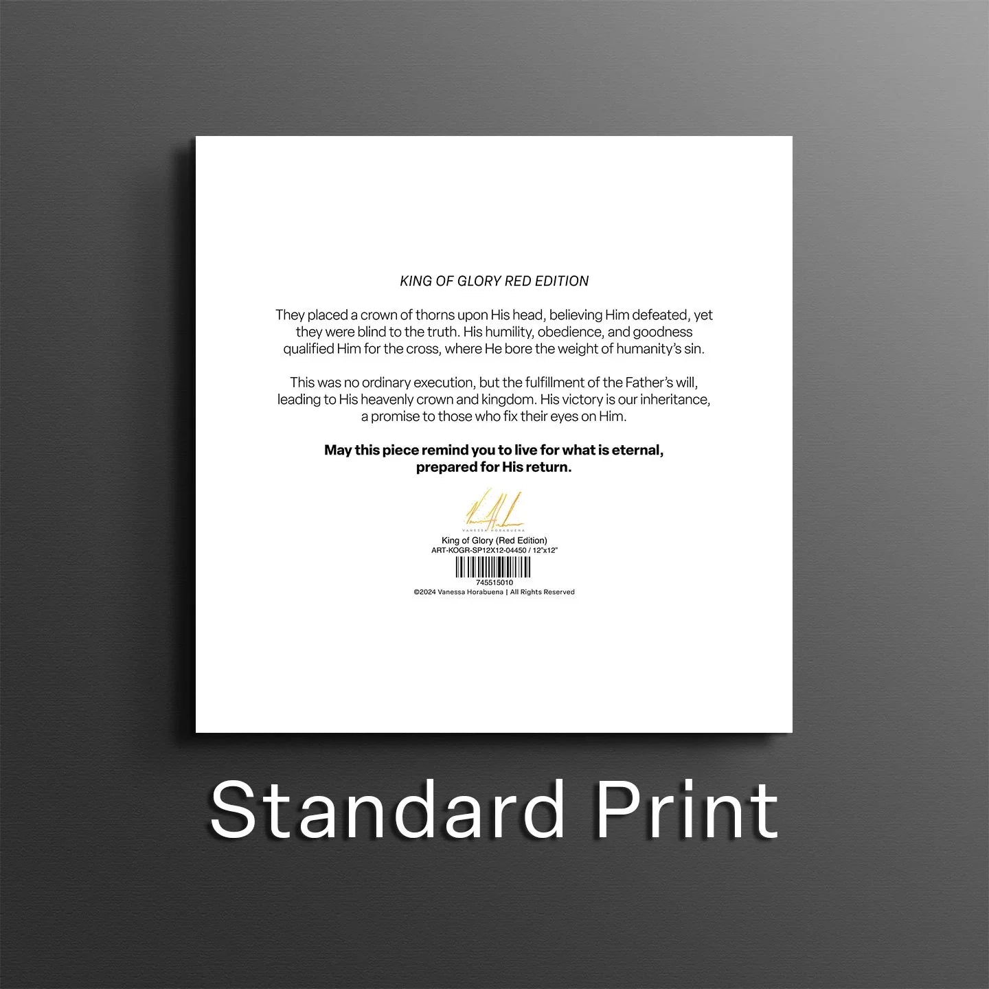 Red edition art print back card with centered blocks of small printed text.