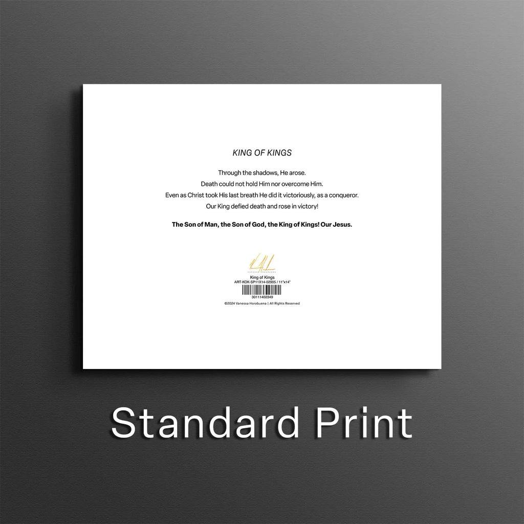 White backboard of framed wall art with centered logo and paragraph text area