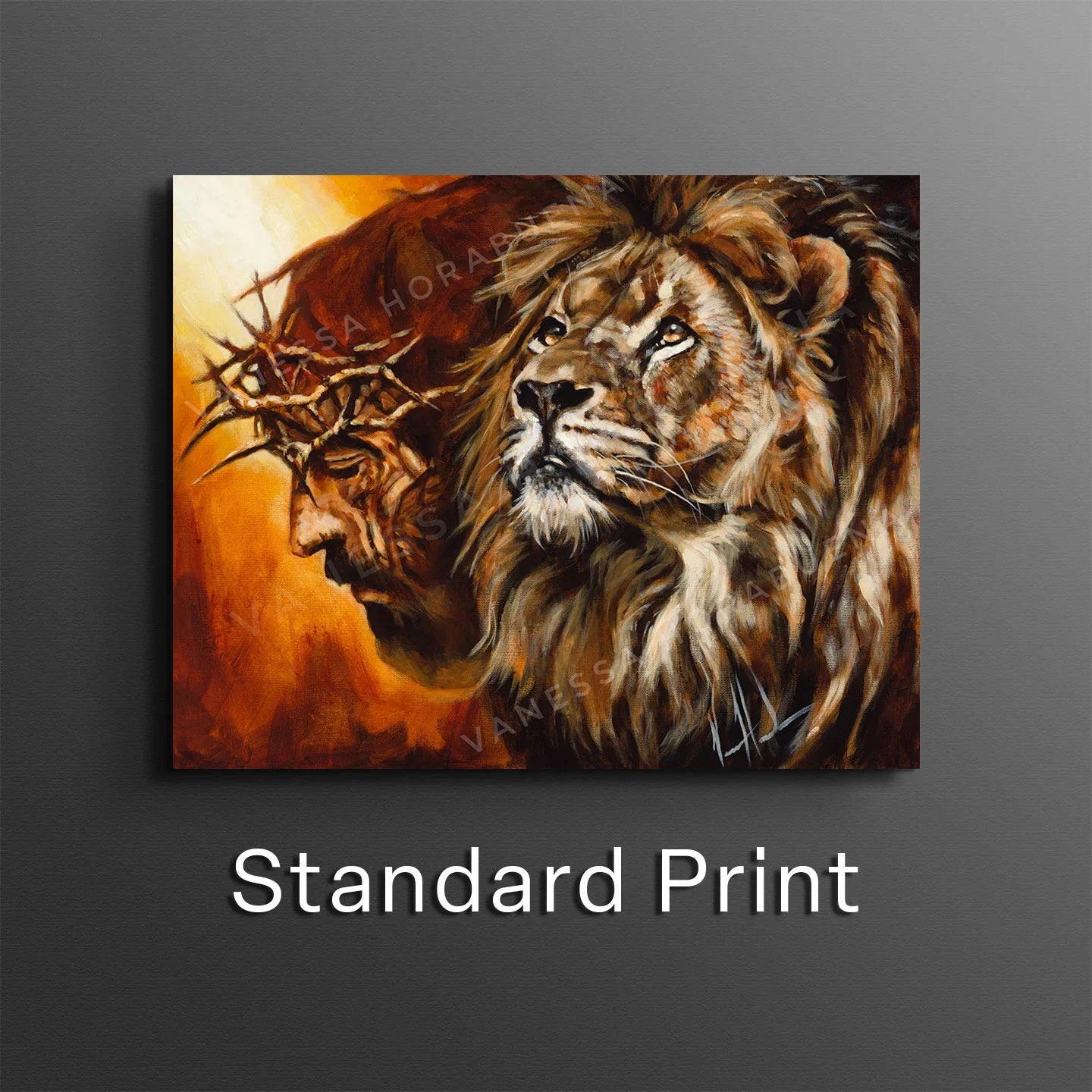 Framed lion portrait wall art print in warm orange, brown, and cream tones