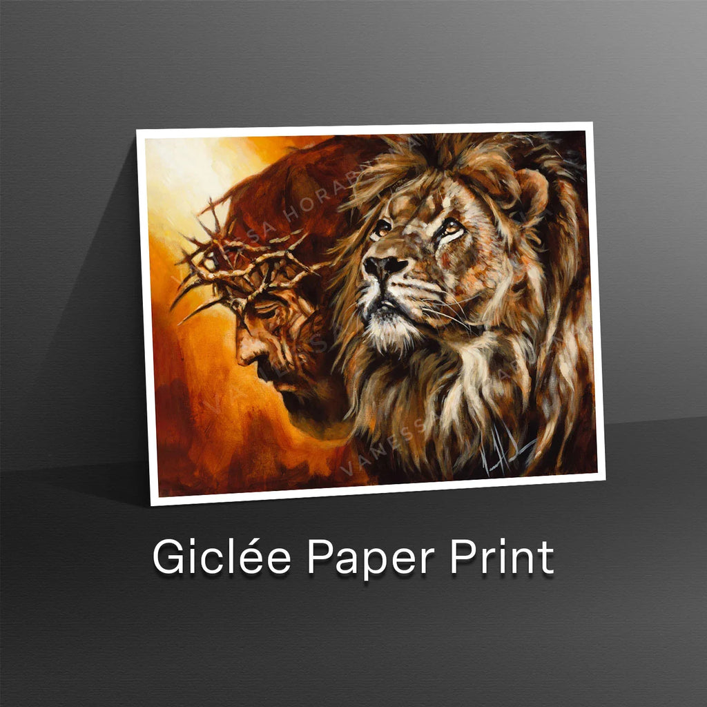 Framed lion portrait wall art with white border, warm orange and brown tones