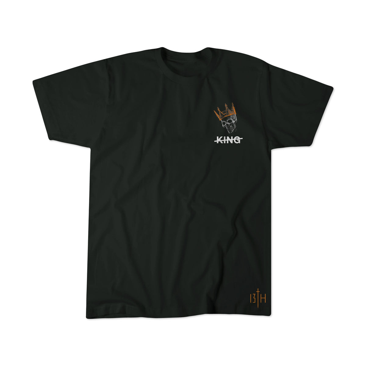 Black premium tee flat lay, small chest logo and orange "13th" at hem