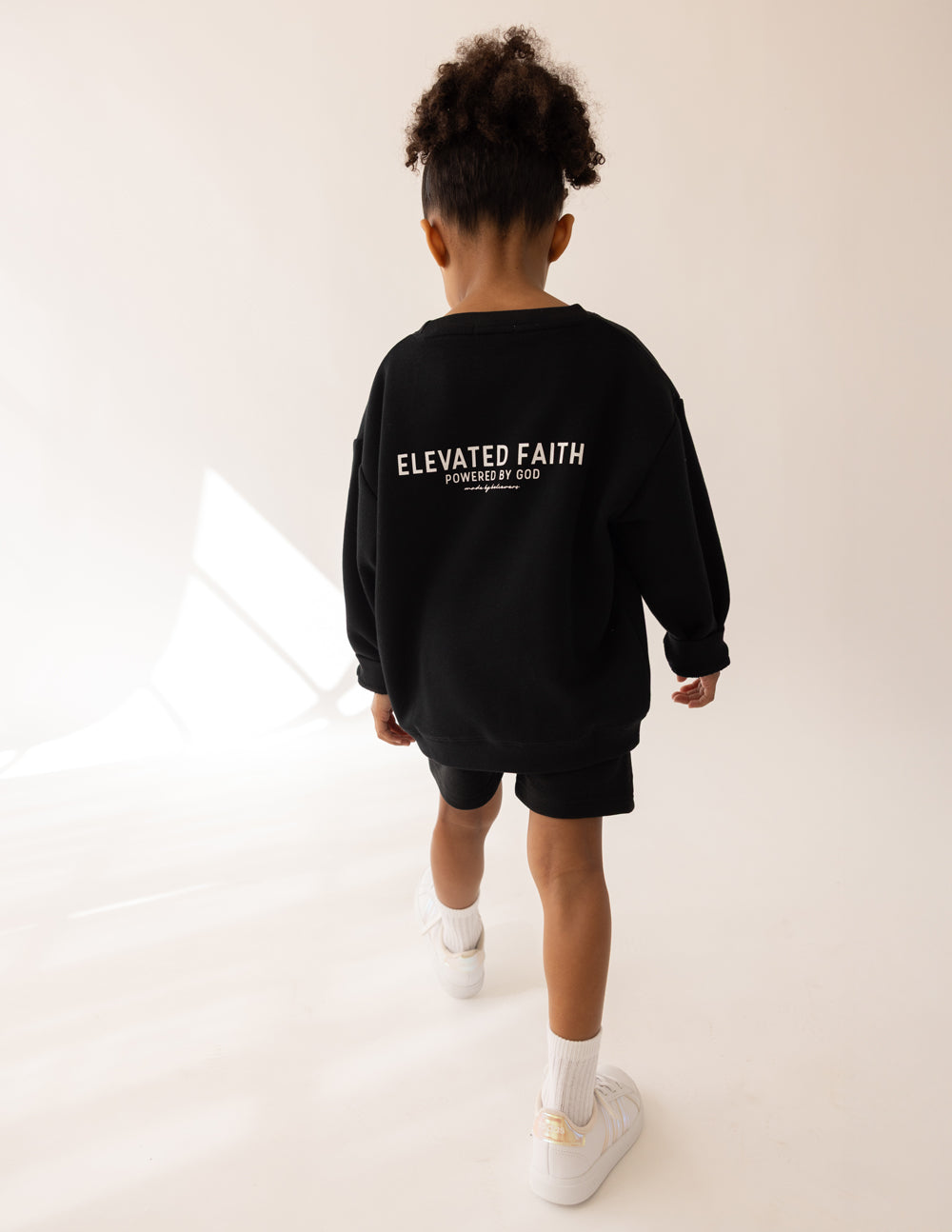 Kids black crewneck sweatshirt with back graphic print, long sleeves