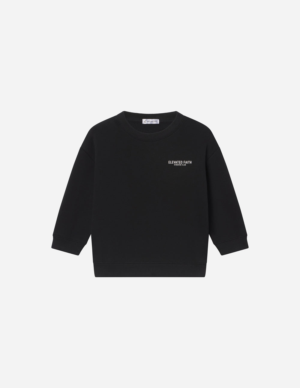 Kids black crewneck sweatshirt with small chest logo, long sleeves