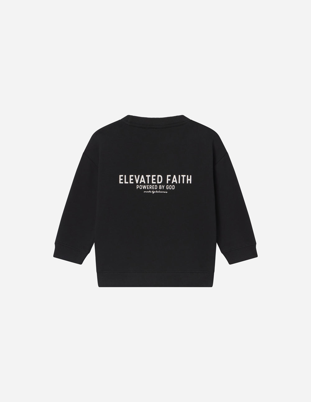 Kids black crewneck sweatshirt with back graphic text, long sleeves