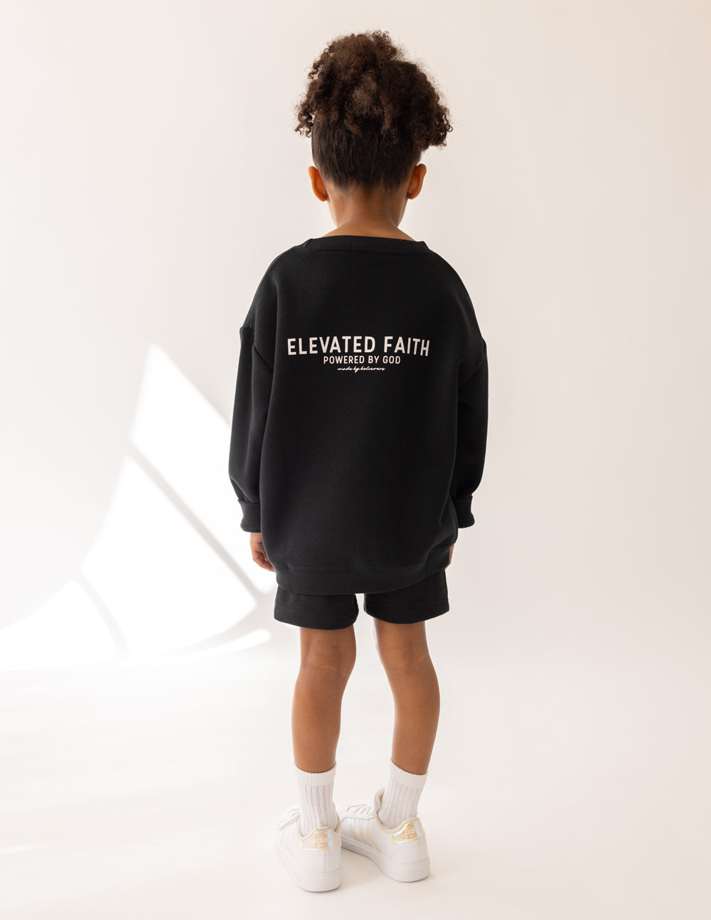 Kids black crewneck sweatshirt, back graphic text and logo, long sleeves