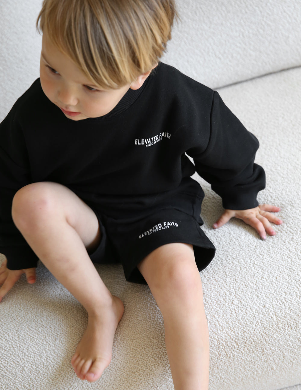 Kids black crewneck sweatshirt with chest logo, crew neck and long sleeves