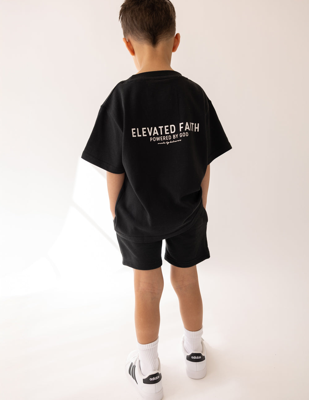 Kids black crew-neck t-shirt with back logo text print