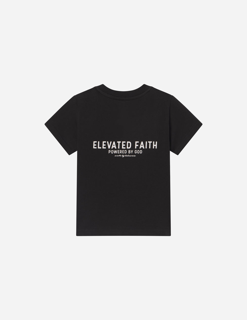 Kids black crew-neck t-shirt with centered “Elevated Faith” text print