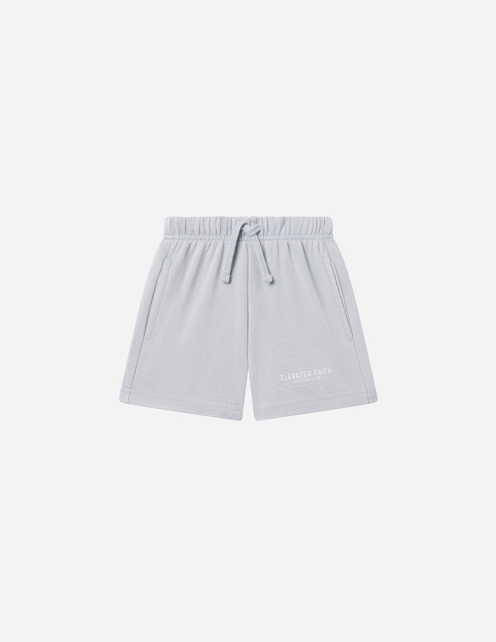 Kids light blue shorts with elastic waistband and drawstring, front view