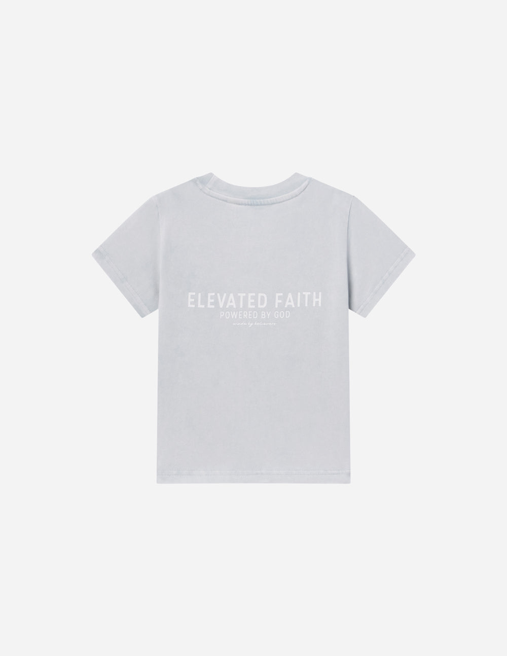Kids light gray crewneck tee, centered "ELEVATED FAITH" print
