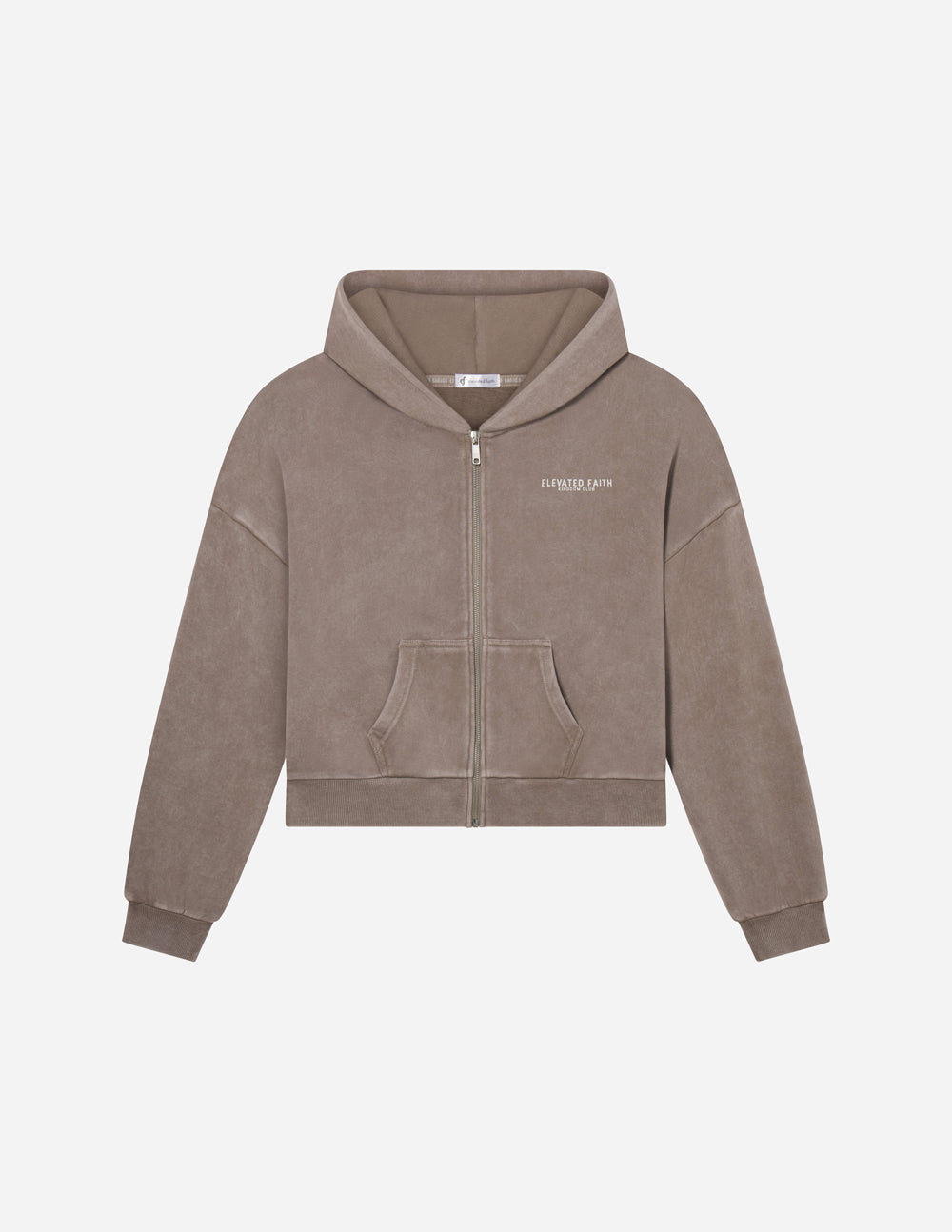 Brown full-zip hoodie with hood, front zipper, and kangaroo pocket