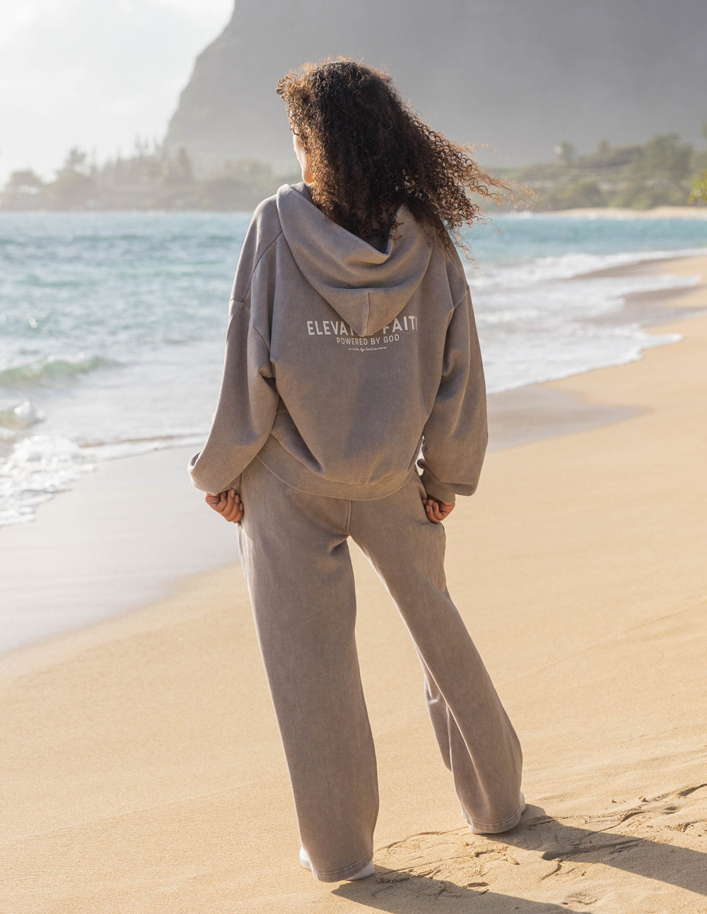 Brown full-zip hoodie back view with hood and chest logo