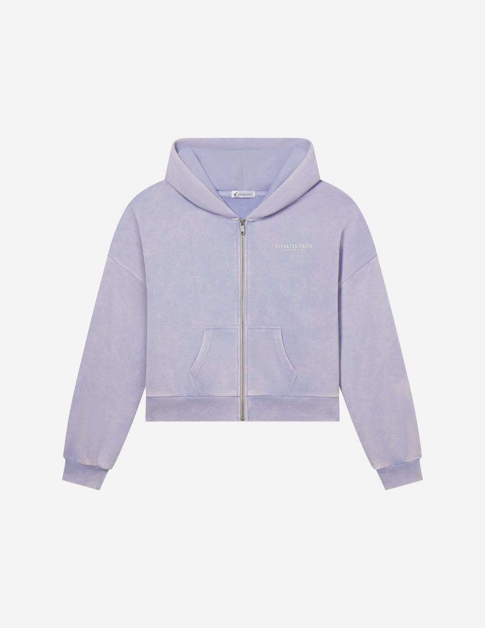 Lavender full-zip hoodie with hood, zipper, and kangaroo pocket