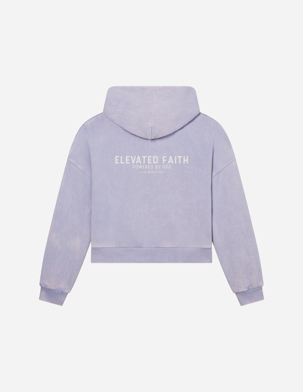 Lavender full-zip hoodie with ELEVATED FAITH back print and drawstring hood