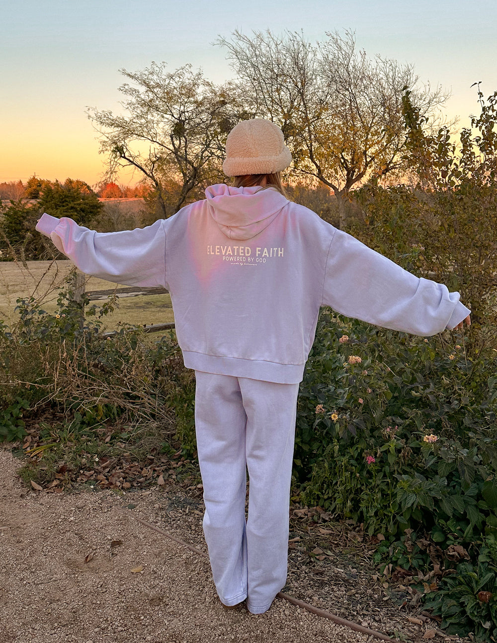Lavender full-zip hoodie with ELEVATED FAITH back print and hood
