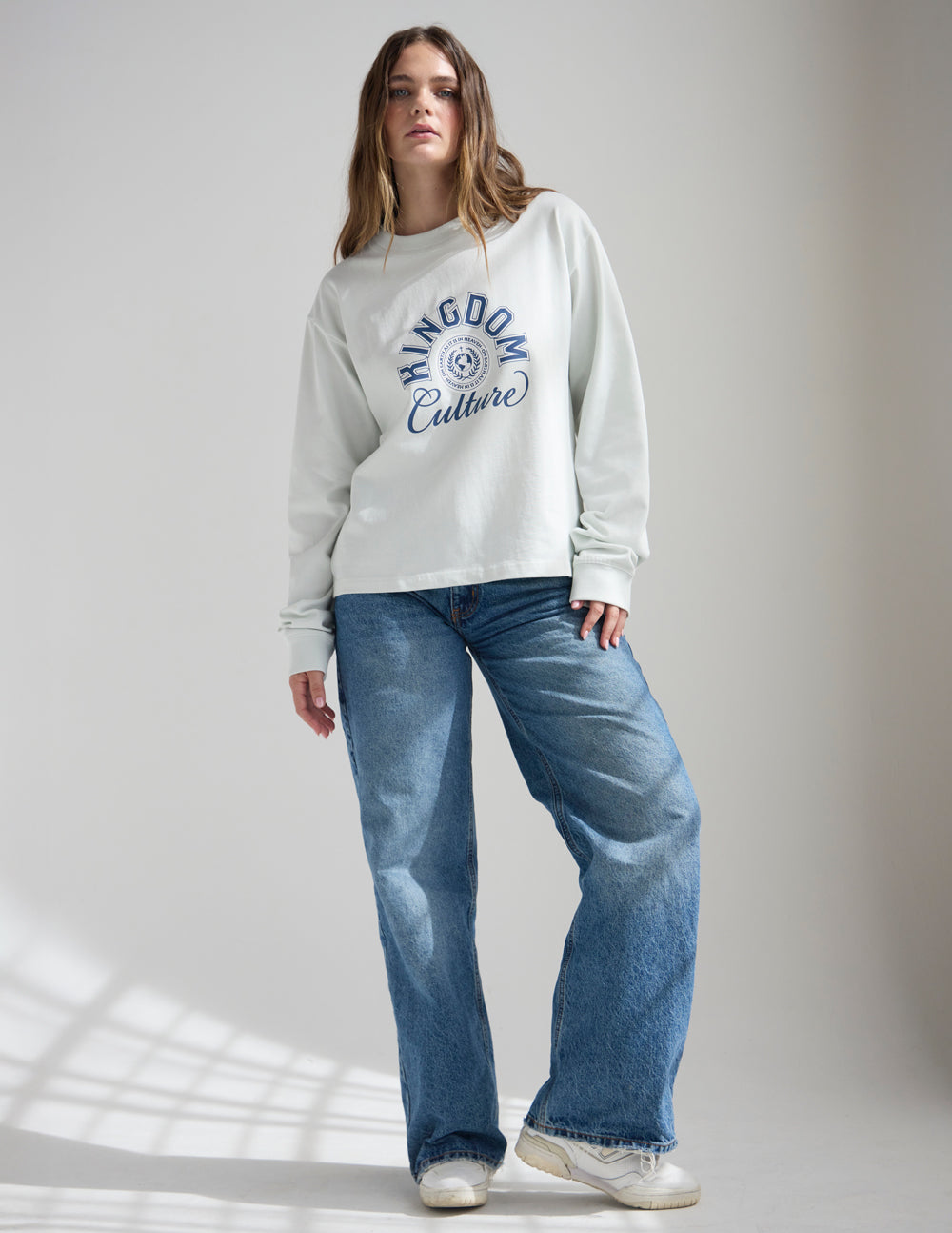 White long-sleeve tee with Kingdom Culture logo and ribbed crew neck