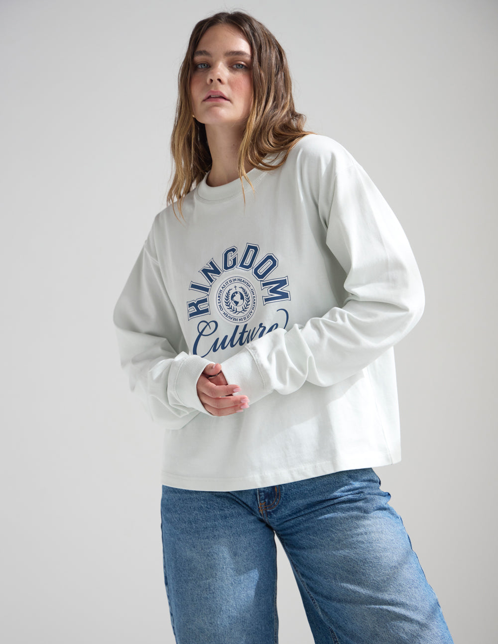 White long-sleeve tee with Kingdom Culture chest graphic, relaxed fit