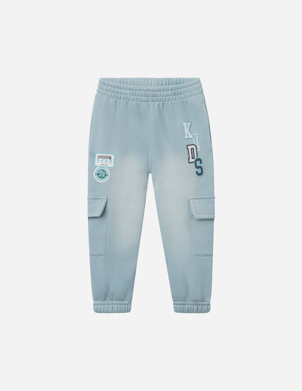 Kids light-blue cargo sweatpants, elastic waistband, cargo pockets, logo patch