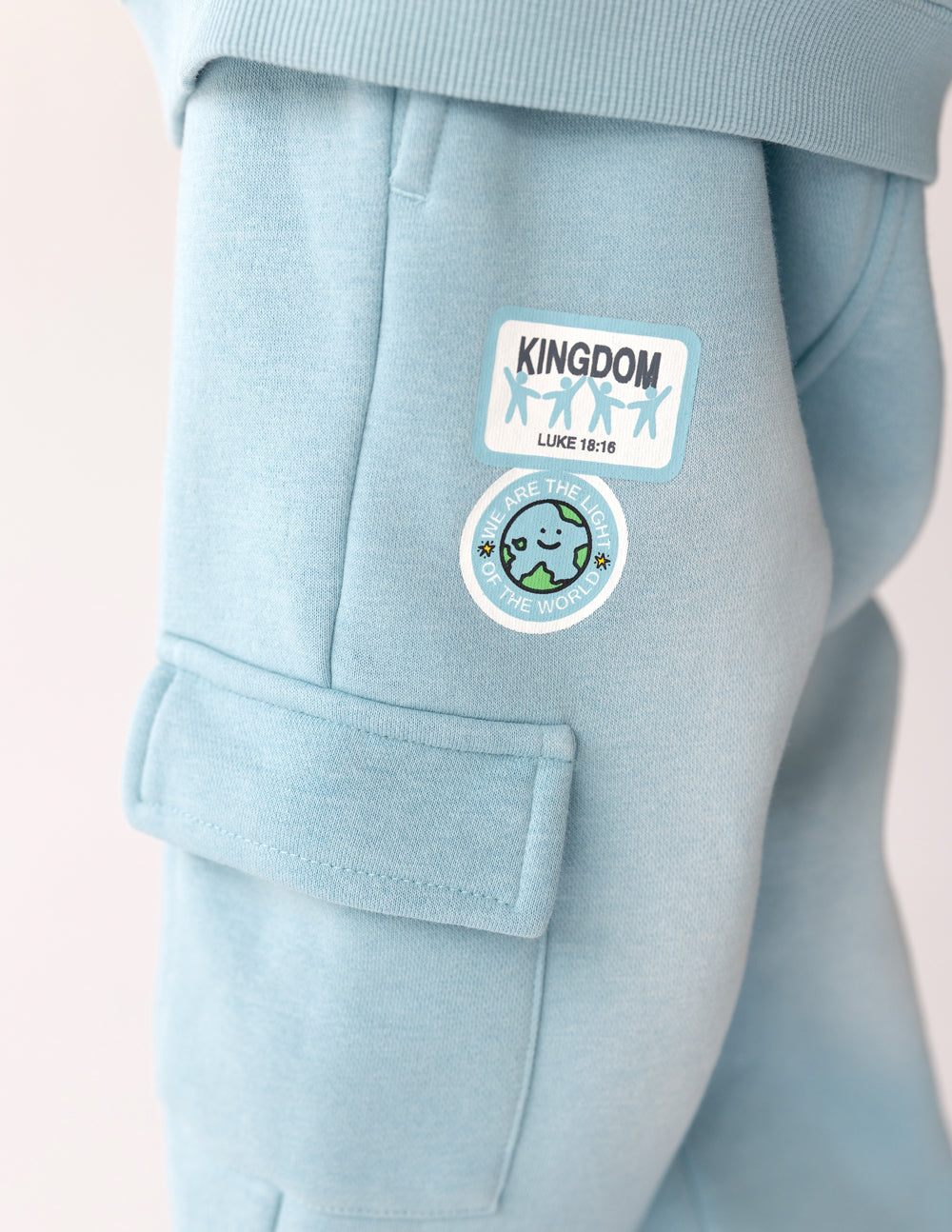 Kids light-blue cargo sweatpants with back patch logo and side cargo pocket