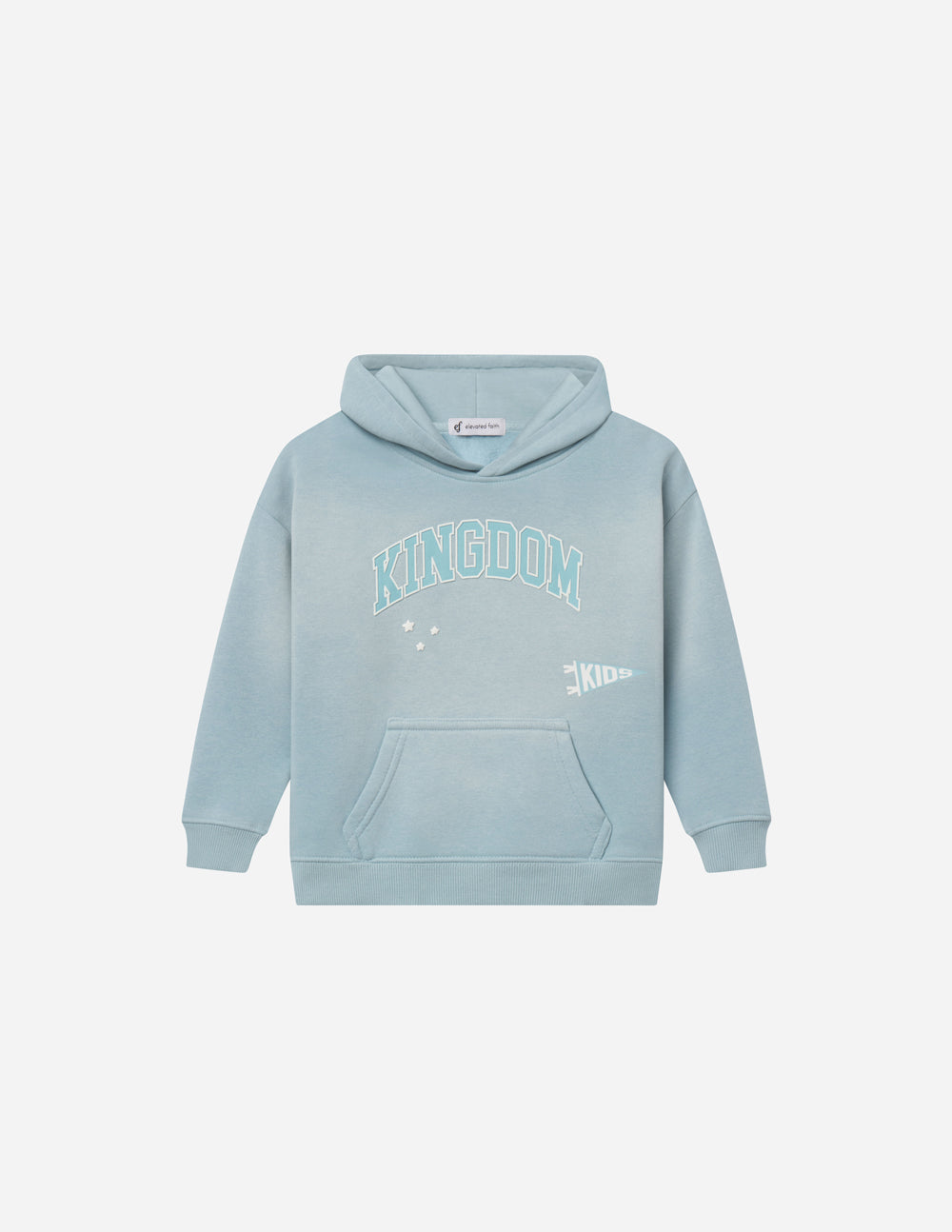 Kids light blue Kingdom hoodie with hood and kangaroo pocket, front view