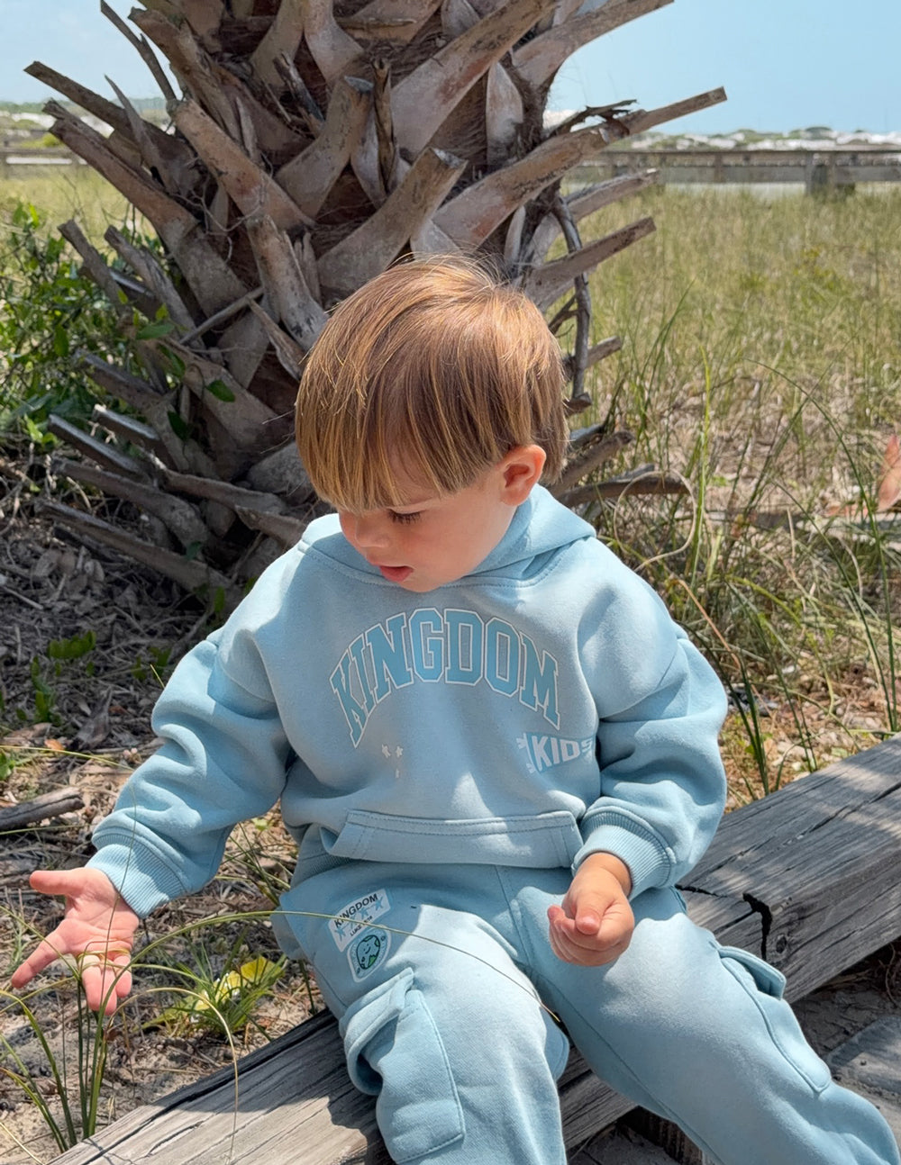 Kids light blue hoodie on child outdoors, Kingdom logo on back of hood