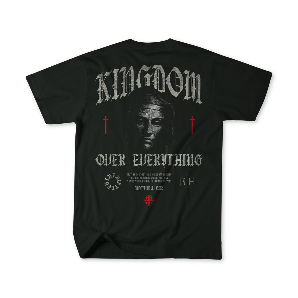 Black premium graphic tee flat lay, back shows large artwork and text print.