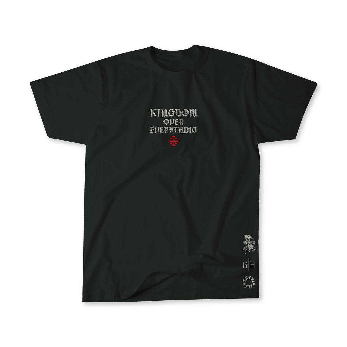 Black premium graphic tee flat lay, small chest logo and sleeve graphic detail.