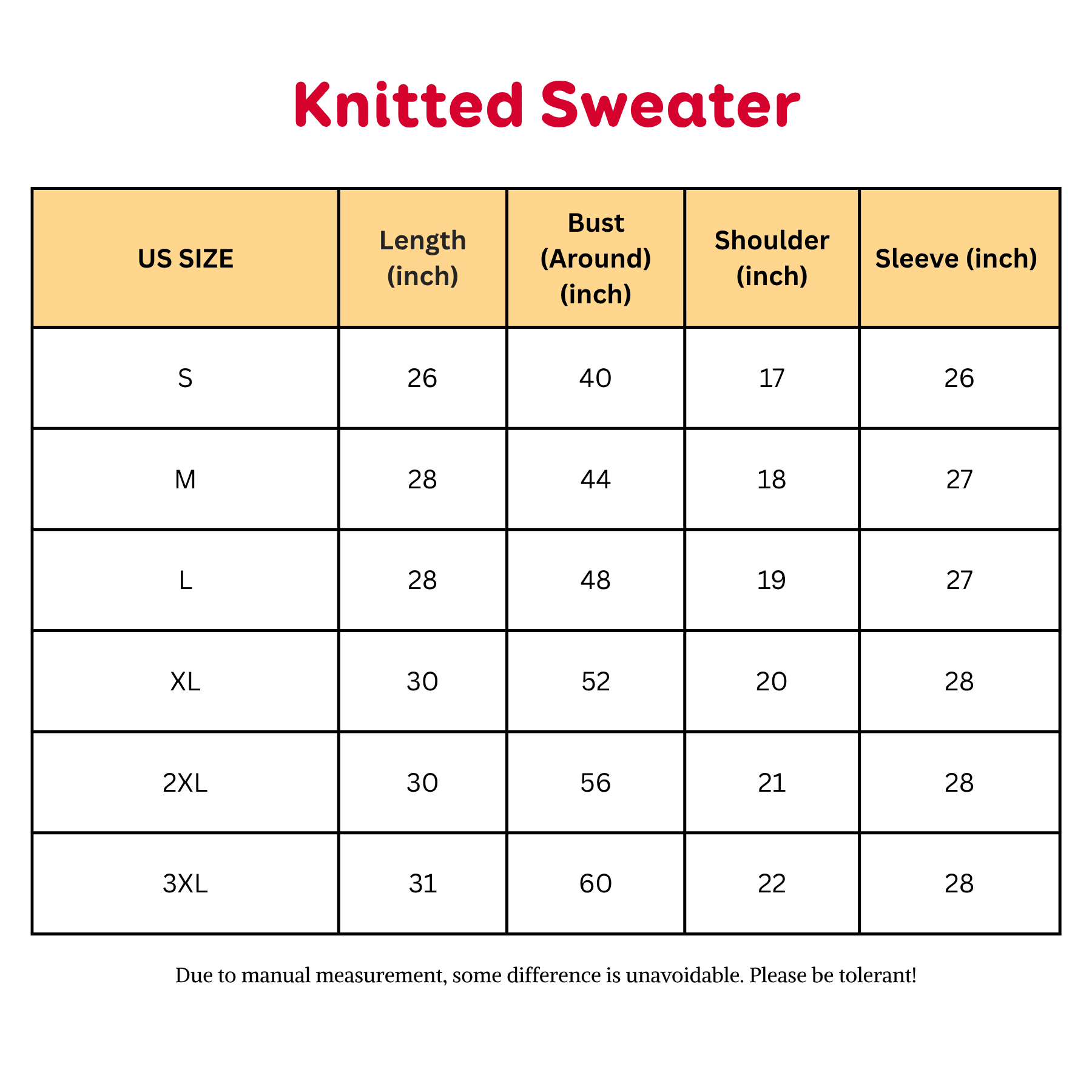 Knitted sweater size chart with length, bust, shoulder, and sleeve measurements in inches