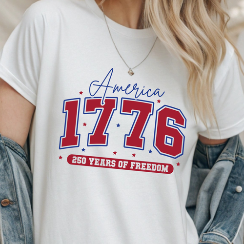 White crewneck T-shirt with '1776' America graphic and '250 Years of Freedom'