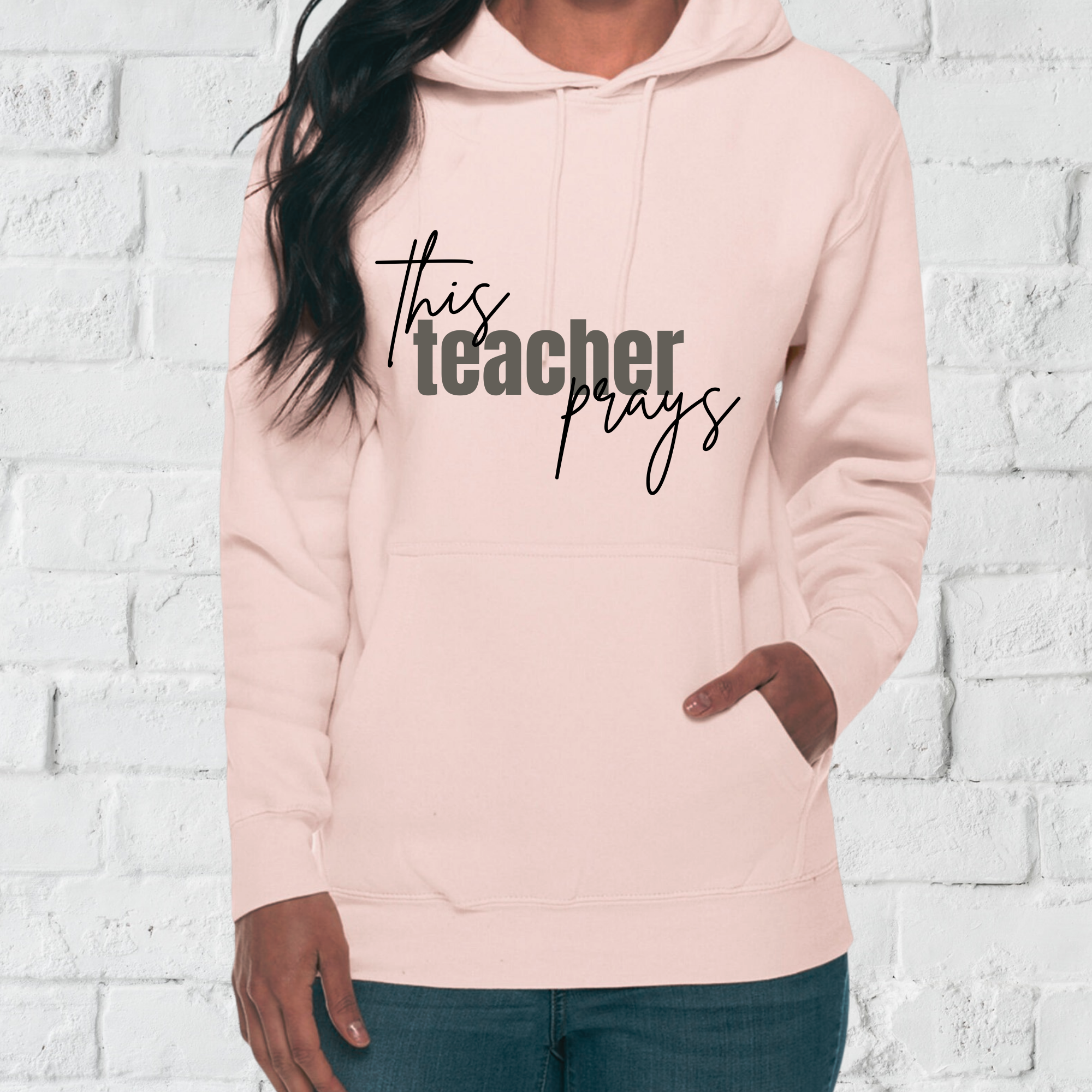 Pink teacher hoodie with front pocket and drawstring hood, long sleeves