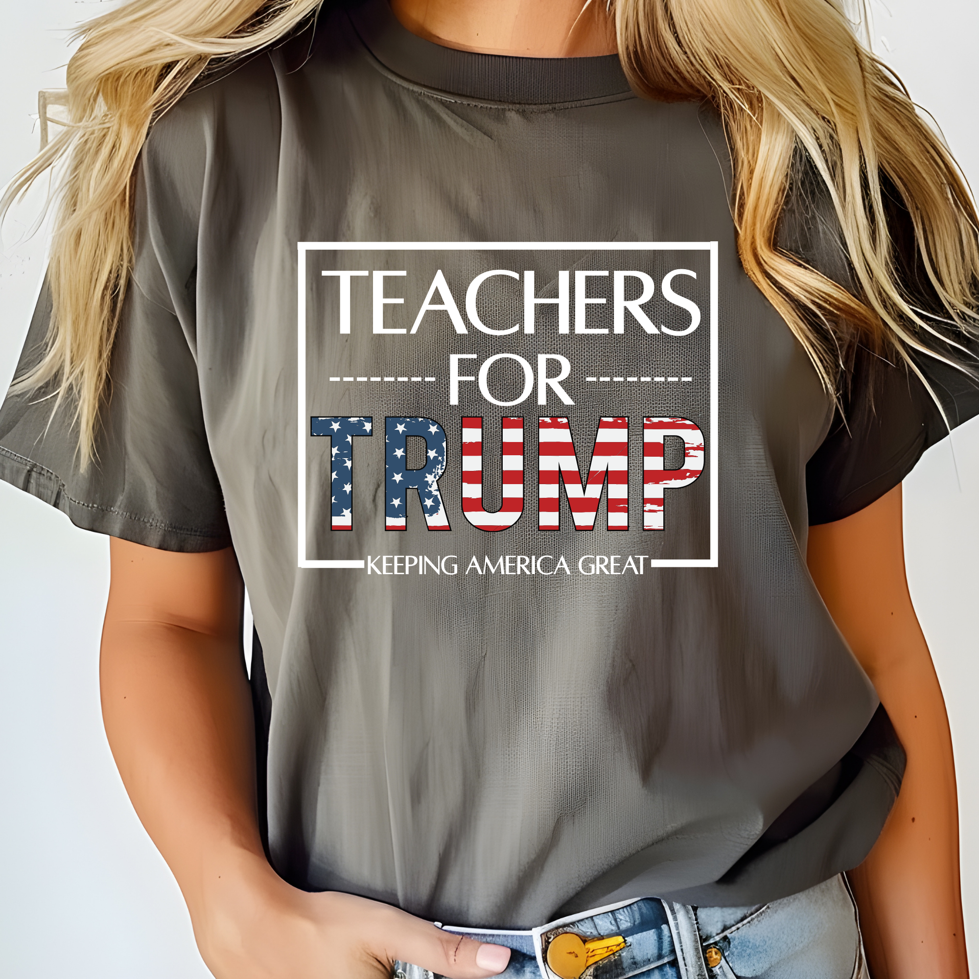 Dark gray T-shirt with large front graphic text Teachers for Trump