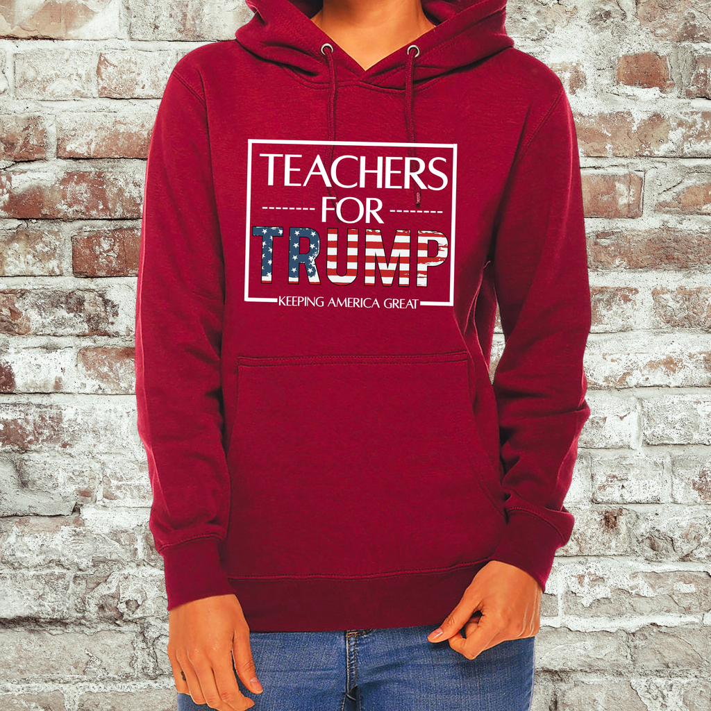 Red pullover hoodie with front graphic and drawstring hood