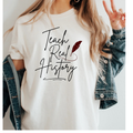 Graphic T-shirt with 'Teach Real History' print in black and red feather, short sleeves