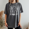 Dark gray short-sleeve T-shirt with white “Life, Liberty and Coffee” graphic