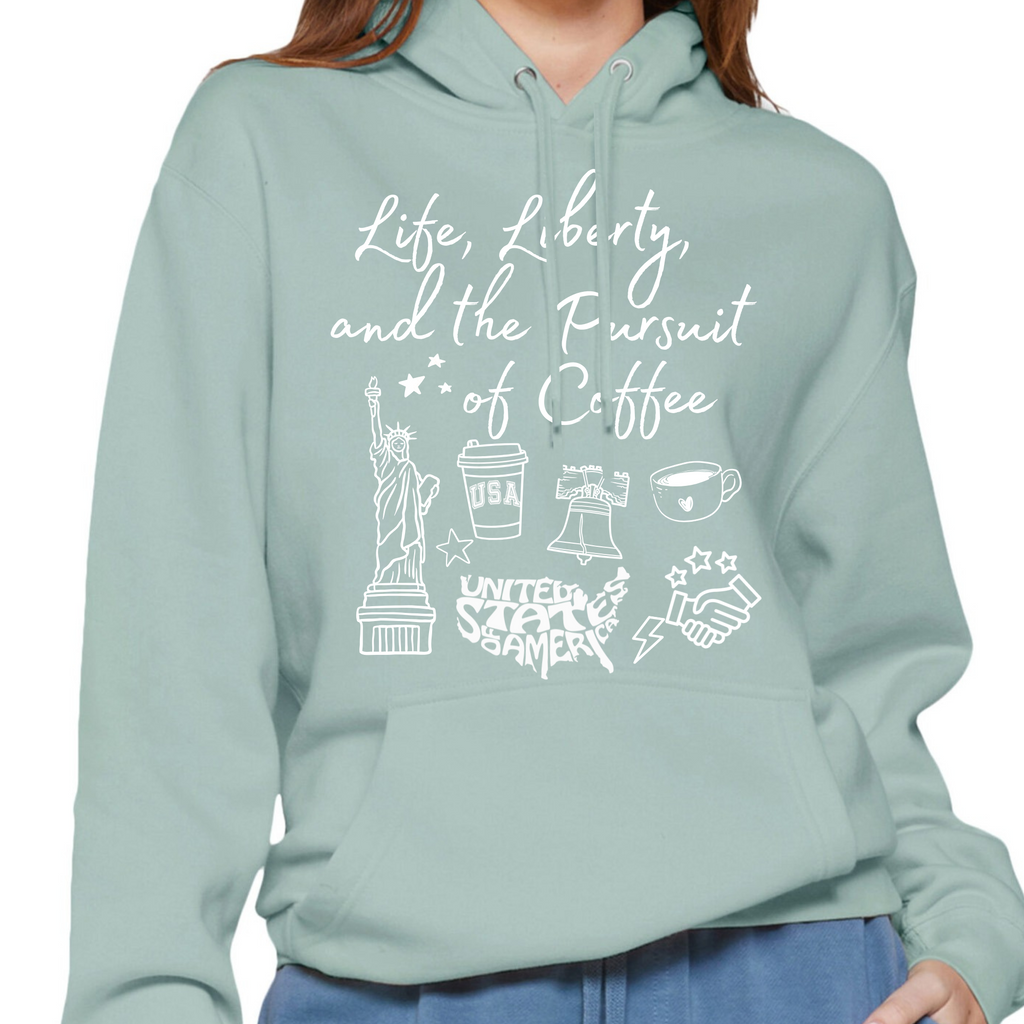 Seafoam pullover hoodie with front text and coffee-themed graphics