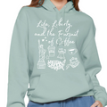 Seafoam pullover hoodie with front text and coffee-themed graphics