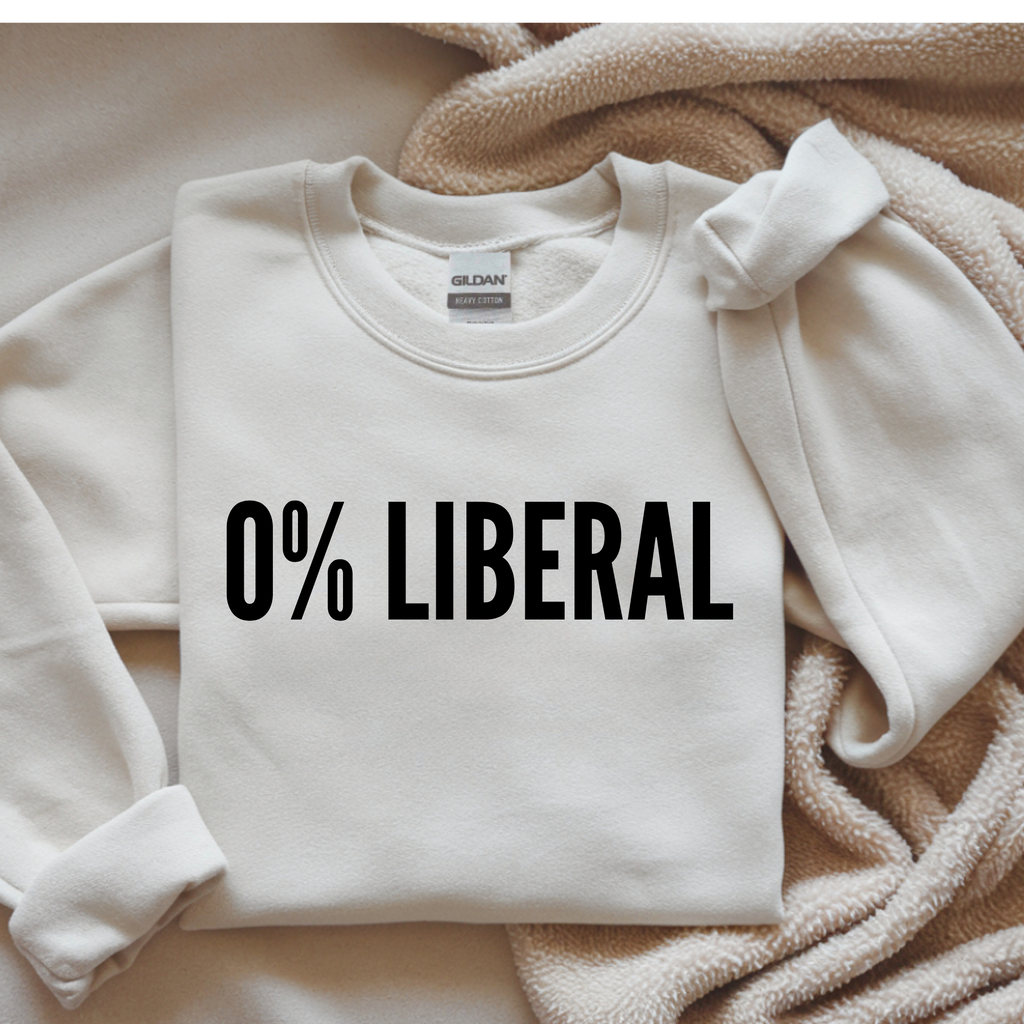 Off-white crewneck sweatshirt with '0% LIBERAL' graphic front