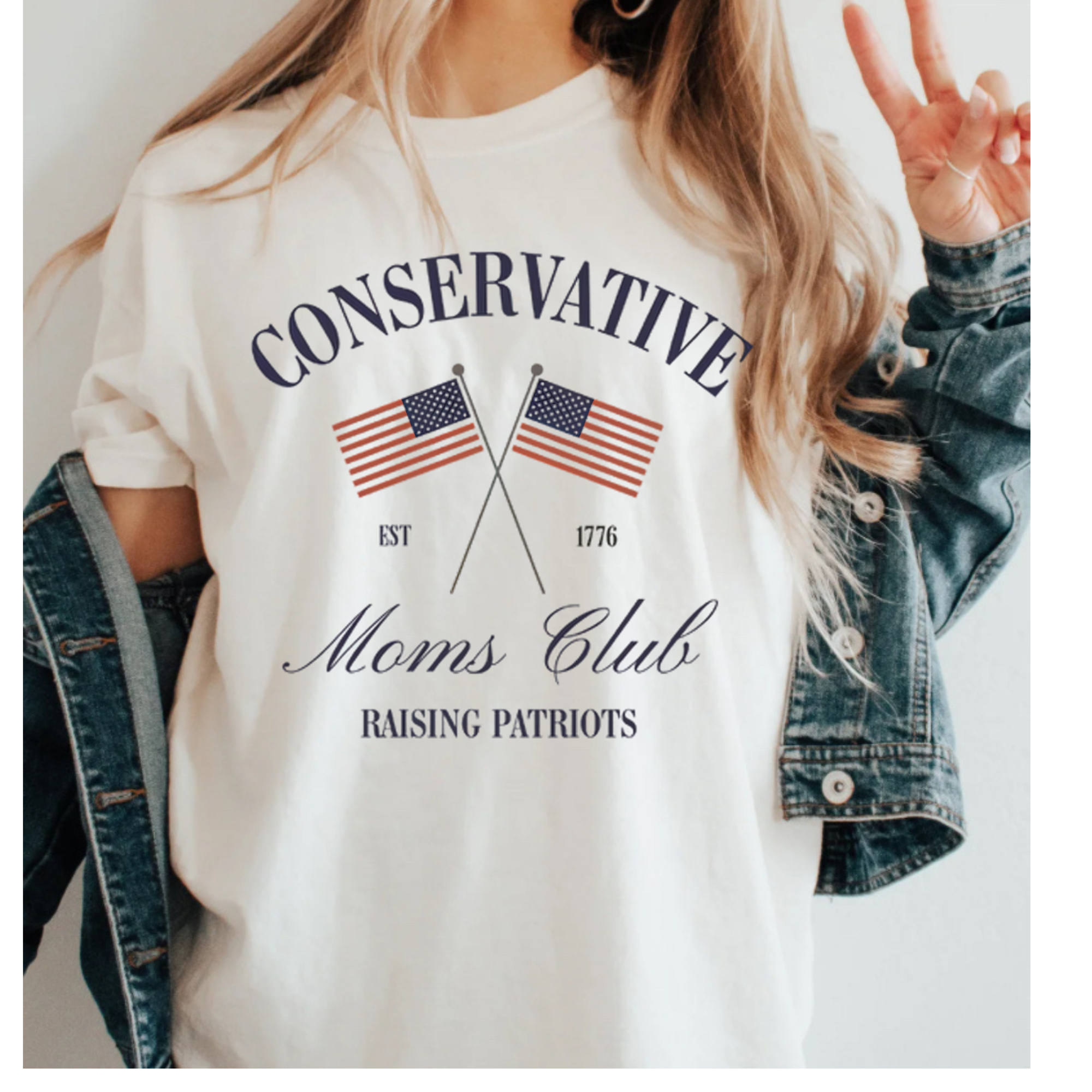Off-white graphic hoodie with patriotic flags and 'Conservative Moms Club' text