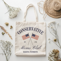 Off-white tote bag with CONSERVATIVE Moms Club print and two US flag icons