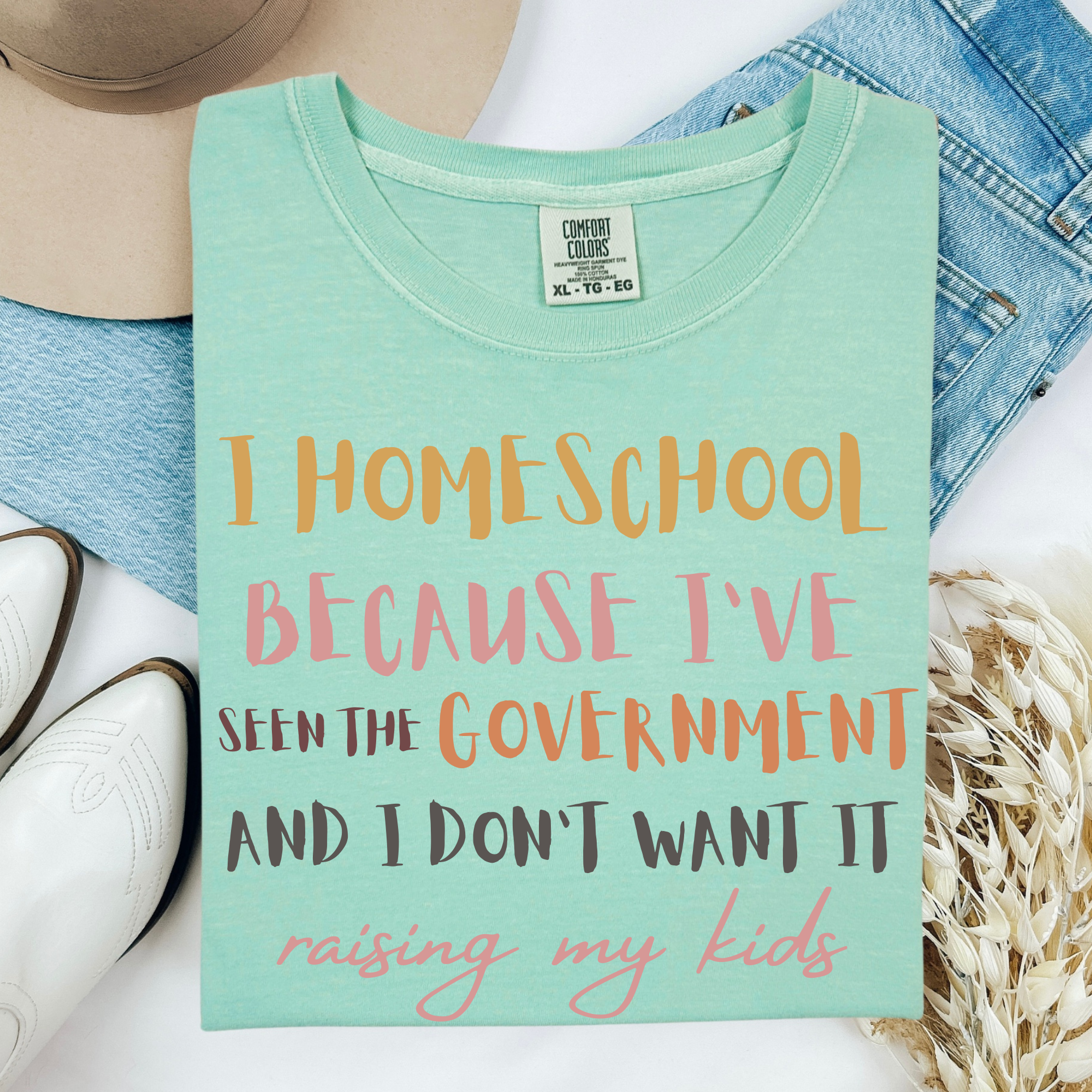 Seafoam 100% cotton T-shirt with colorful 'Homeschool' slogan front print