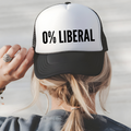 Trucker hat with white front panel and black brim, featuring '0% LIBERAL' text