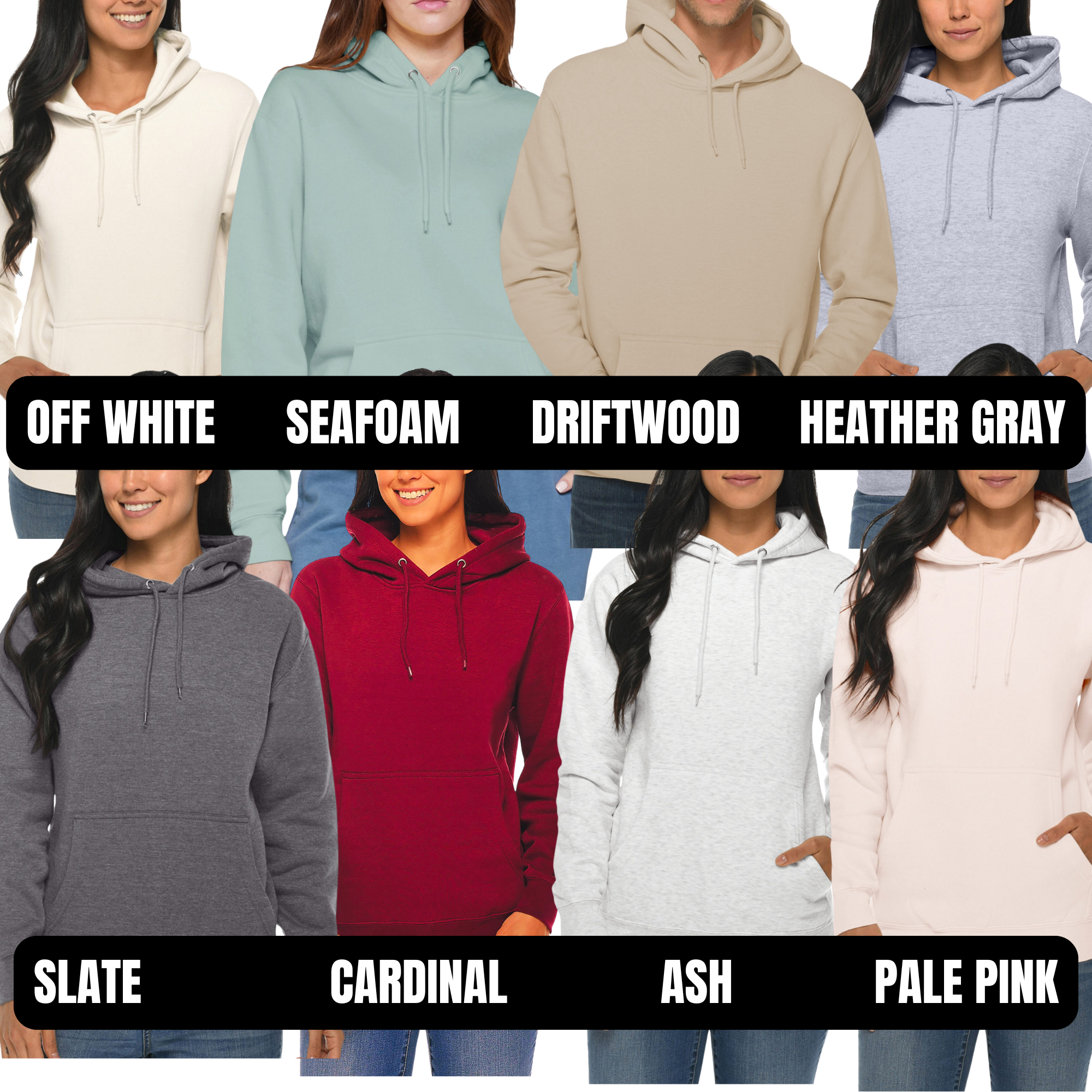 Pullover hoodies shown in multiple colors, with front pocket and drawstring hood
