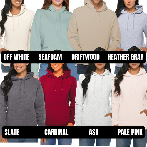 Pullover hoodies shown in multiple colors, with front pocket and drawstring hood