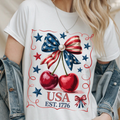 White crewneck T-shirt with USA stars and cherry bow graphic