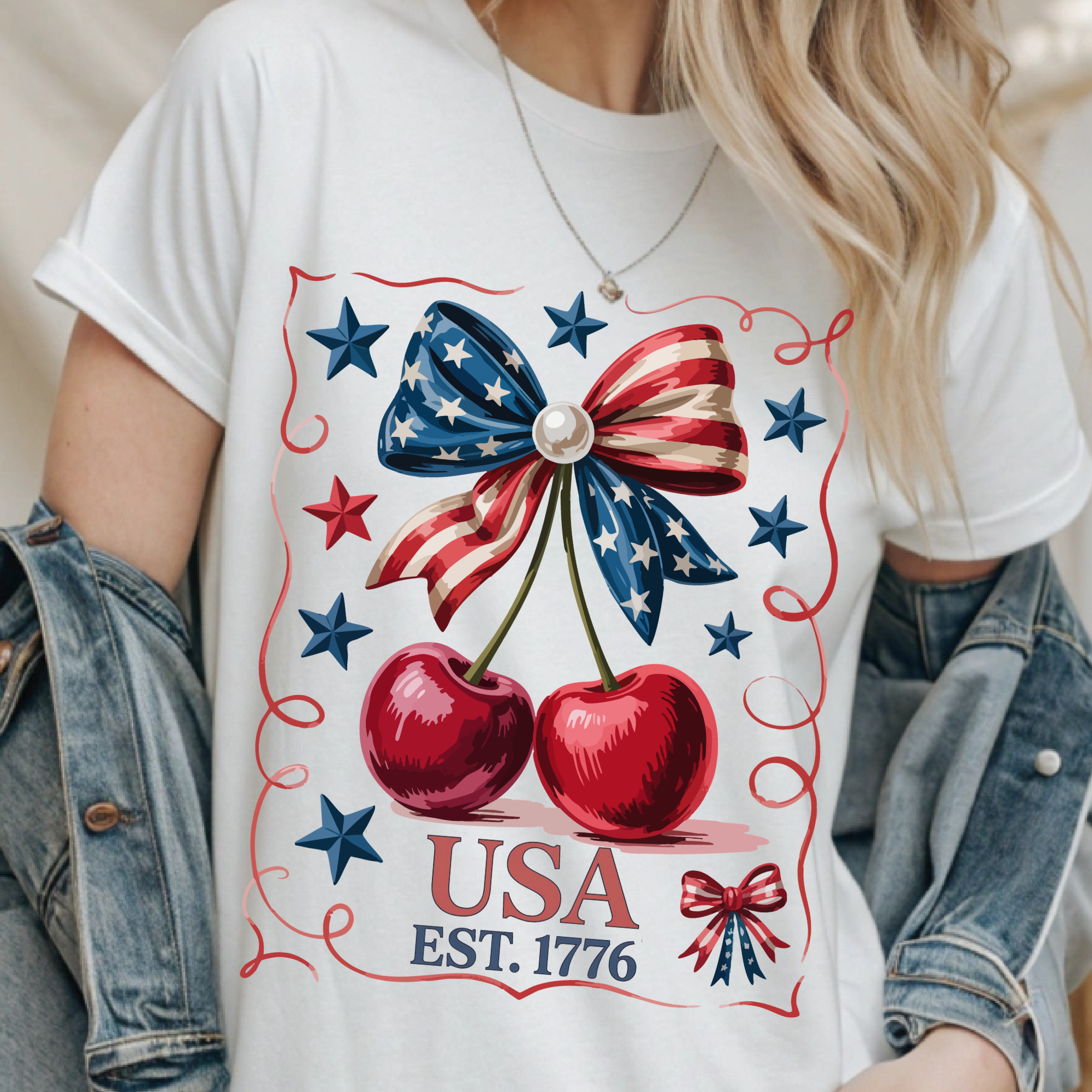 White crewneck T-shirt with USA stars and cherry bow graphic