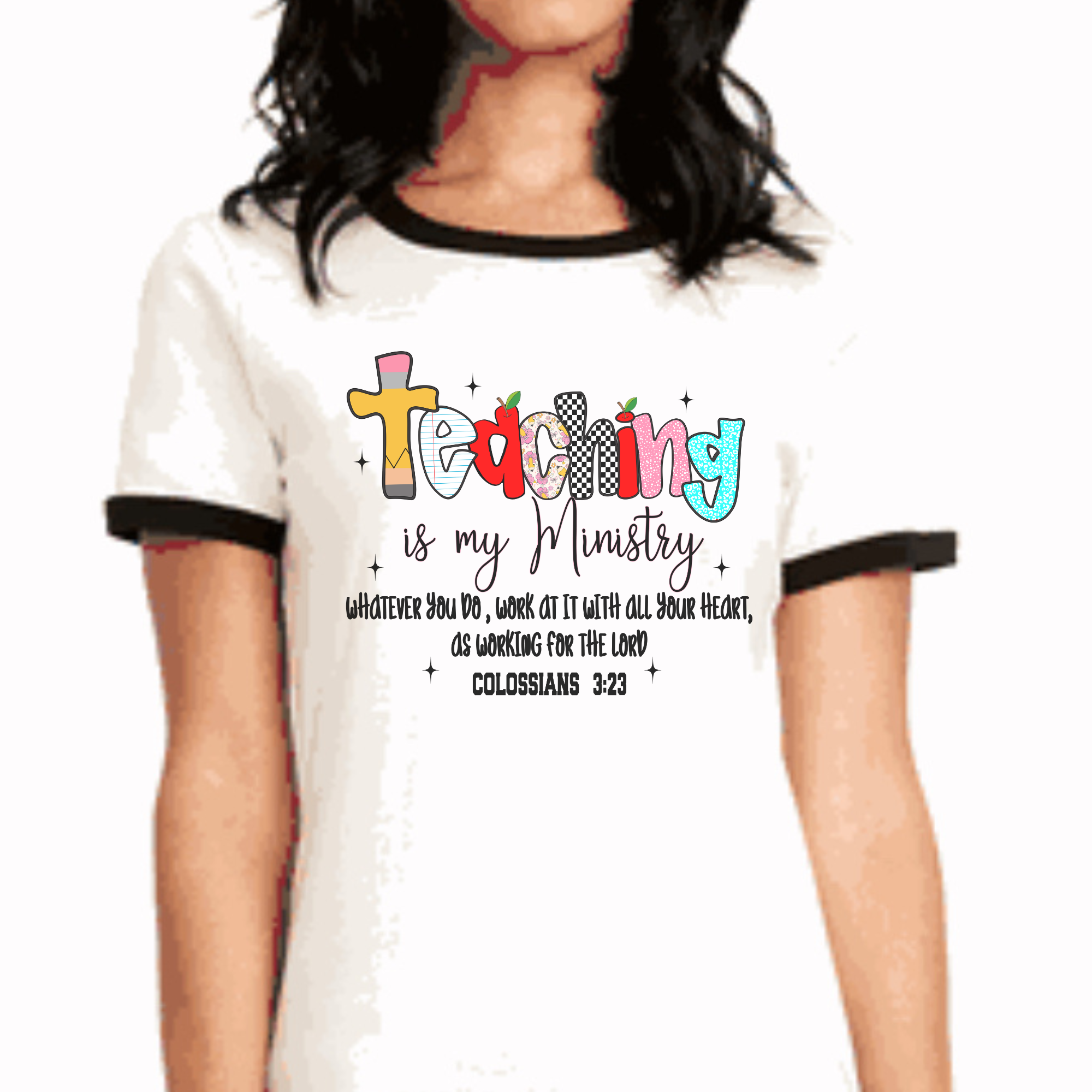 White ringer T-shirt with black trim and colorful teaching-themed front graphic
